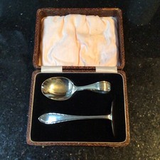 Altes Vintage Retro verpacktes Babys Löffel & Drücker Set - versilbert EPNS