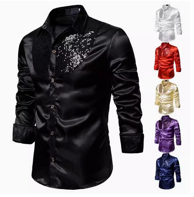 Camisa Para Hombre Otoño Lentejuelas Show Noche Manga Larga Solapa Preside Informal Moda