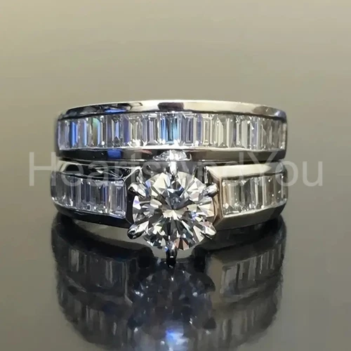 2ct Round Cut Moissanite Bridal Set Baguette Accent 14K White Gold Plated