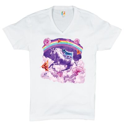 Pug Riding a Unicorn in Clouds V-Neck T-shirt Space Rainbow Trippy Donuts Tee