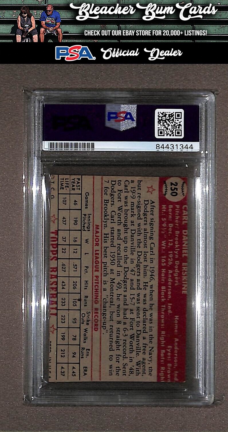 1952 Topps 250 Carl Erskine Auto PSA Authentic view 2