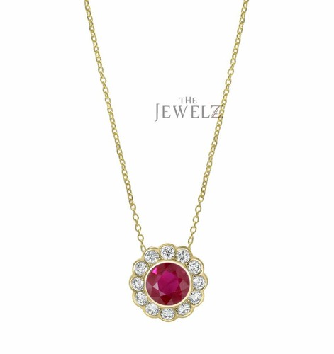 14K Gold VS/F-G Diamond And Ruby Gemstone Floral Pendant Necklace - The Jewelz - 第 1/3 張圖片