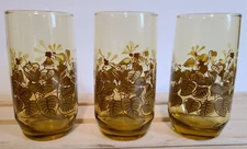 VTG Golden Amber Ombre Leaf Floral Juice Glass Tumblers Heavy Bottom - Set of 3