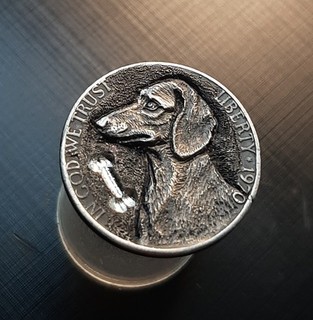 Hand Carved Hobo Nickel – “The Bone Connoisseur” – Five cent 1970