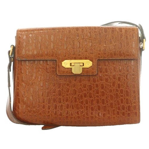 VALENTINO GARAVANI Croc Embossed Leather Shoulder Bag Brown Logo Hardware