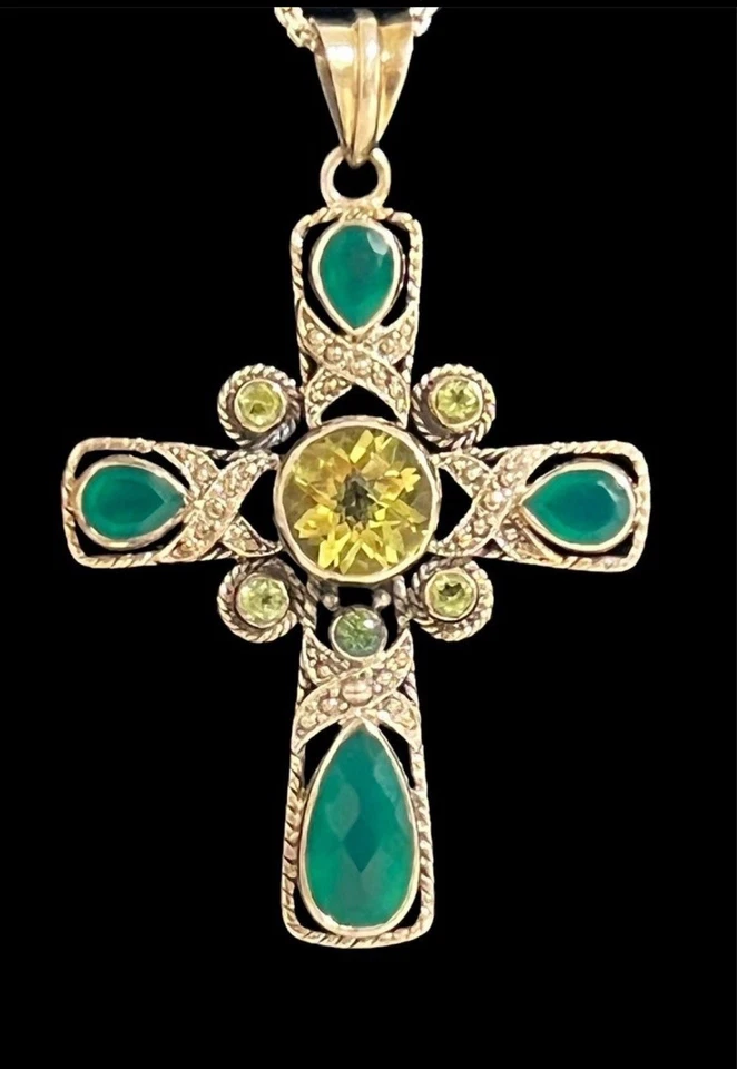 Nicky Butler Sterling Silver 925 Cross Pendant NB Green Chalcedony Peridot Topaz - Image 3 of 4