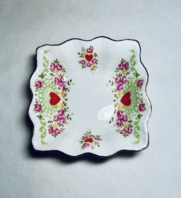 Hearts & Flowers Queens Rosina bone china 5'' sq dish-Perfect for your Valentine