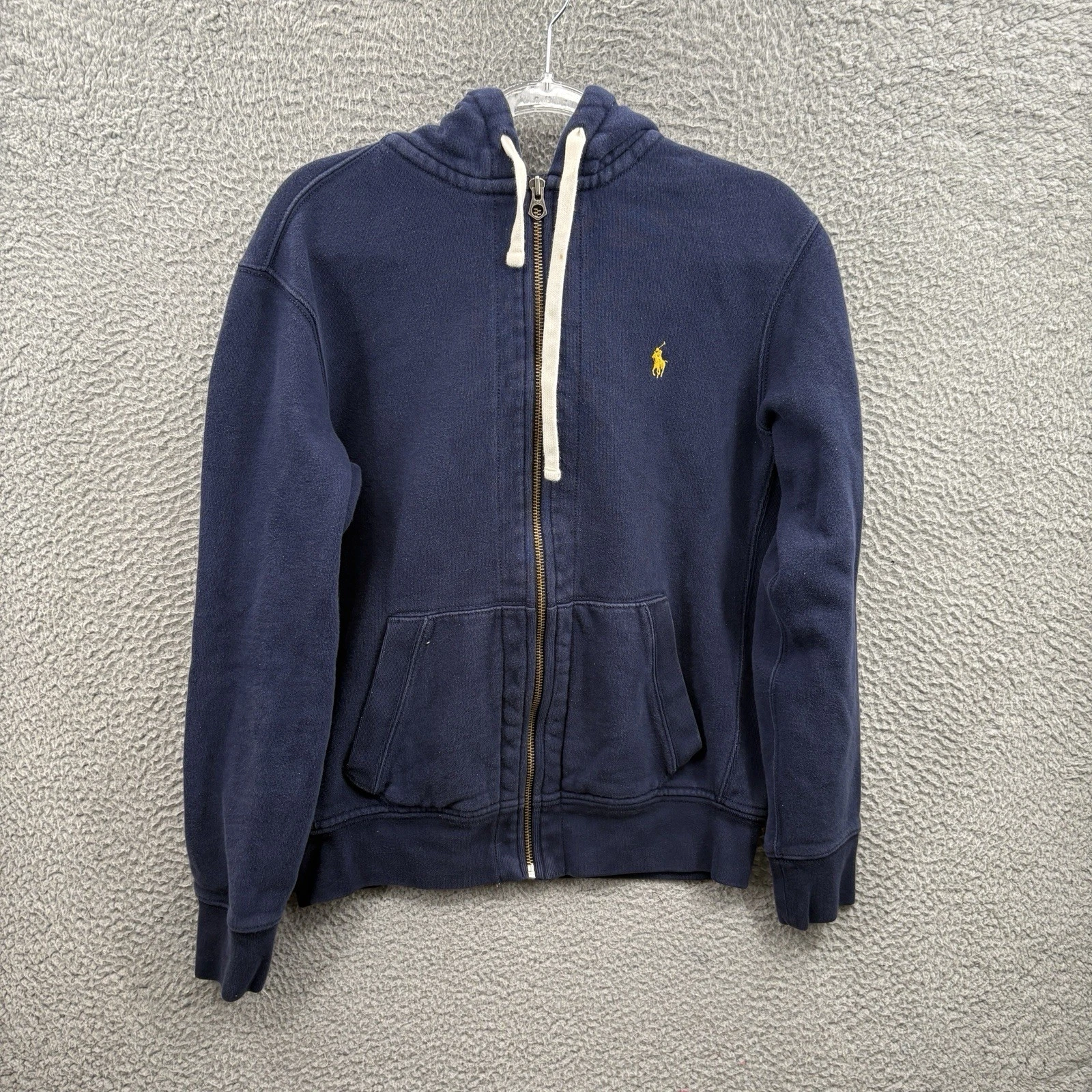 Polo Ralph Lauren Waffle Thermal Hoodie Large Navy Yellow Pony Zip Up Sweatshirt