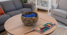 Handcrafted Wooden Yarn Knitting Crochet Bowl Holder For Skien Yarn Balls Dec...