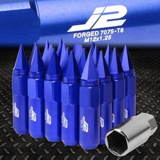 J2 ENGINEERING 7075 ALUMINUM M12X1.25 20PCS 90MM SPIKED END LUG NUT W/ KEY BLUE