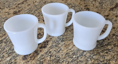 Vintage Fire-King Set/3 Milk Glass 6oz Mugs D-Handle w/notch