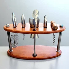 Vintage 1980's Michael Graves Bar Tool Set  6 Piece  Wood Stand Stainless Steel