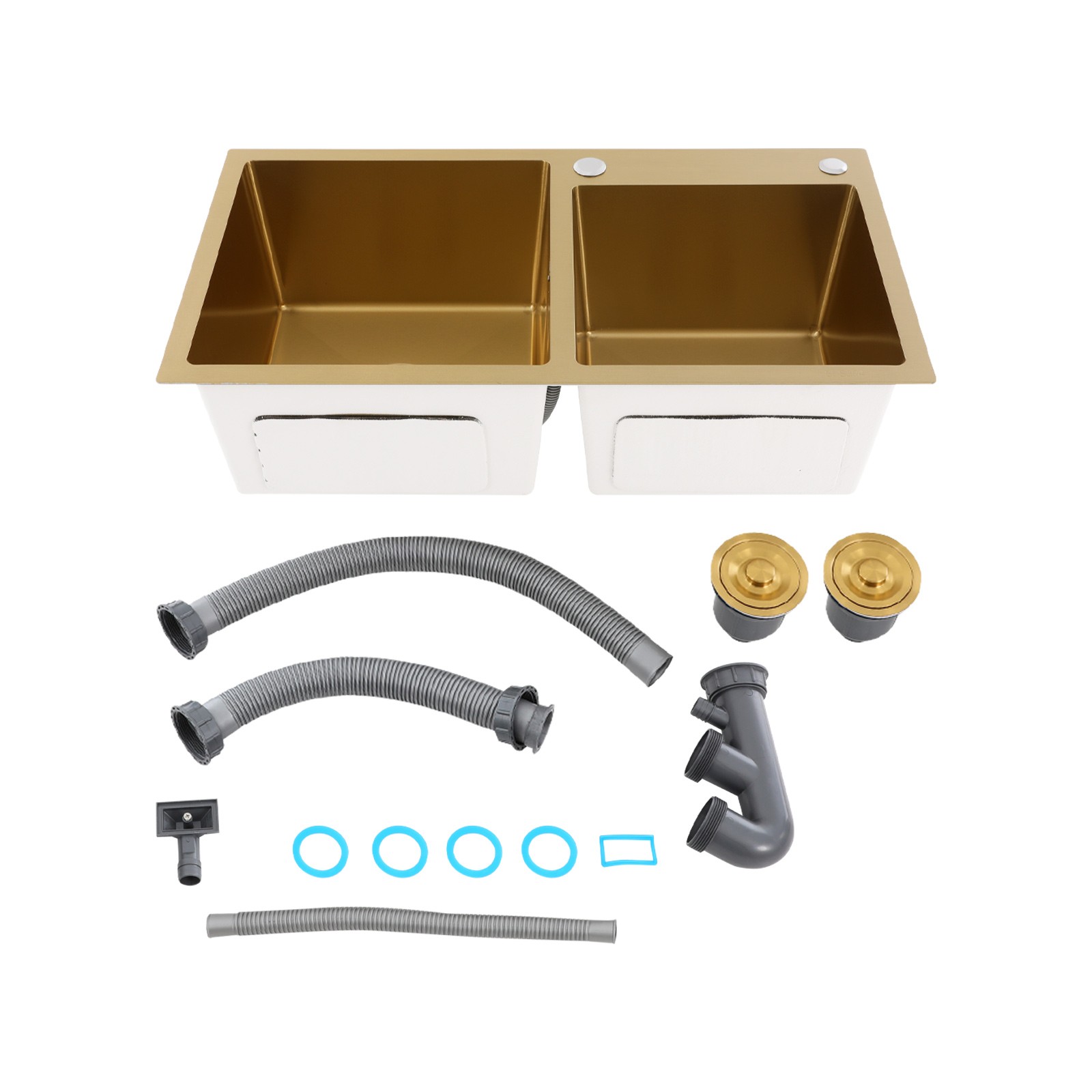 Undermount Double-Bowl Kitchen Sink, Multifunctional Stainless Steel Sink, Gold