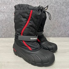 Sorel Flurry Snow Boots Kids Size 7 Black Red Winter Waterproof Insulated NY1965