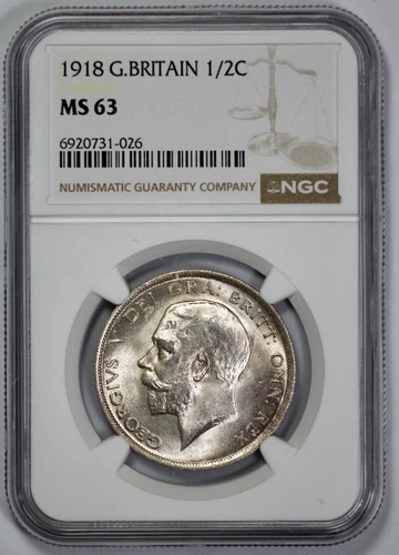 1918 Great Britain Silver 1/2C Half Crown NGC MS 63
