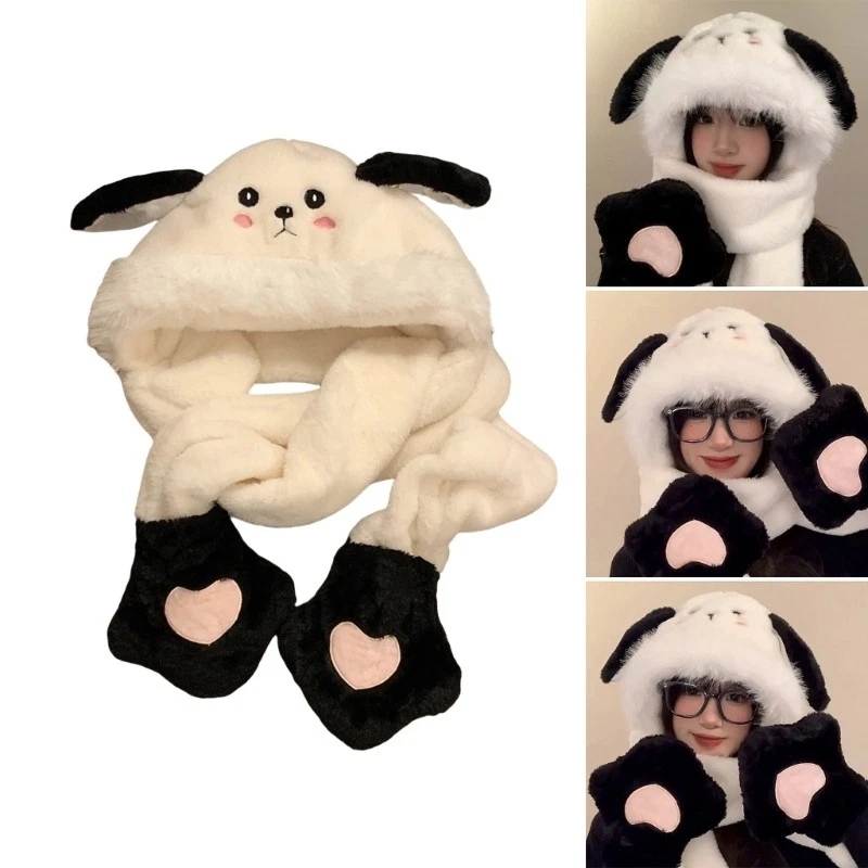 Multiuse Dog Ear Scarf Gloves Hat with Earflap Outdoor Activity Winter Warm Caps