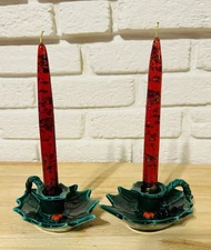2 Vintage 1960's RED Gold Flake Flecks MCM Lucite Christmas Candlesticks Lot #3