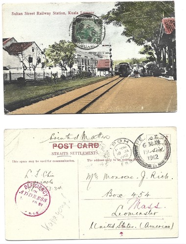 MALAYA F.M.S 1912 Sultan Street Railway Station K.L. Color PC, to USA @ 1c
