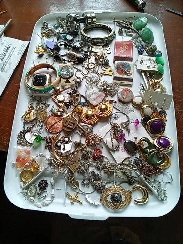Vintage Junk Drawer Lot Military Costume Jewelry Ring Bracelets Mic Mac
