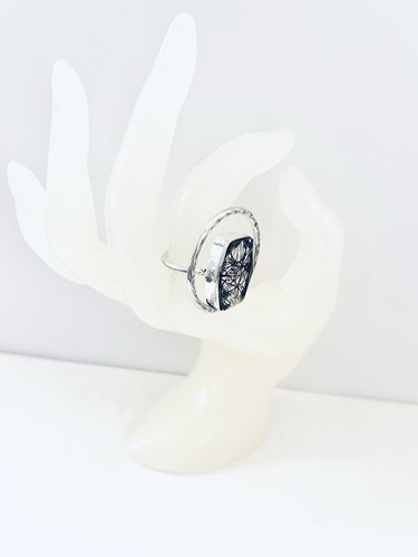 Black Tourmalinated Quartz & Silver Plated Ring UK Size P US Size 8 Gemstone - Picture 4 of 4
