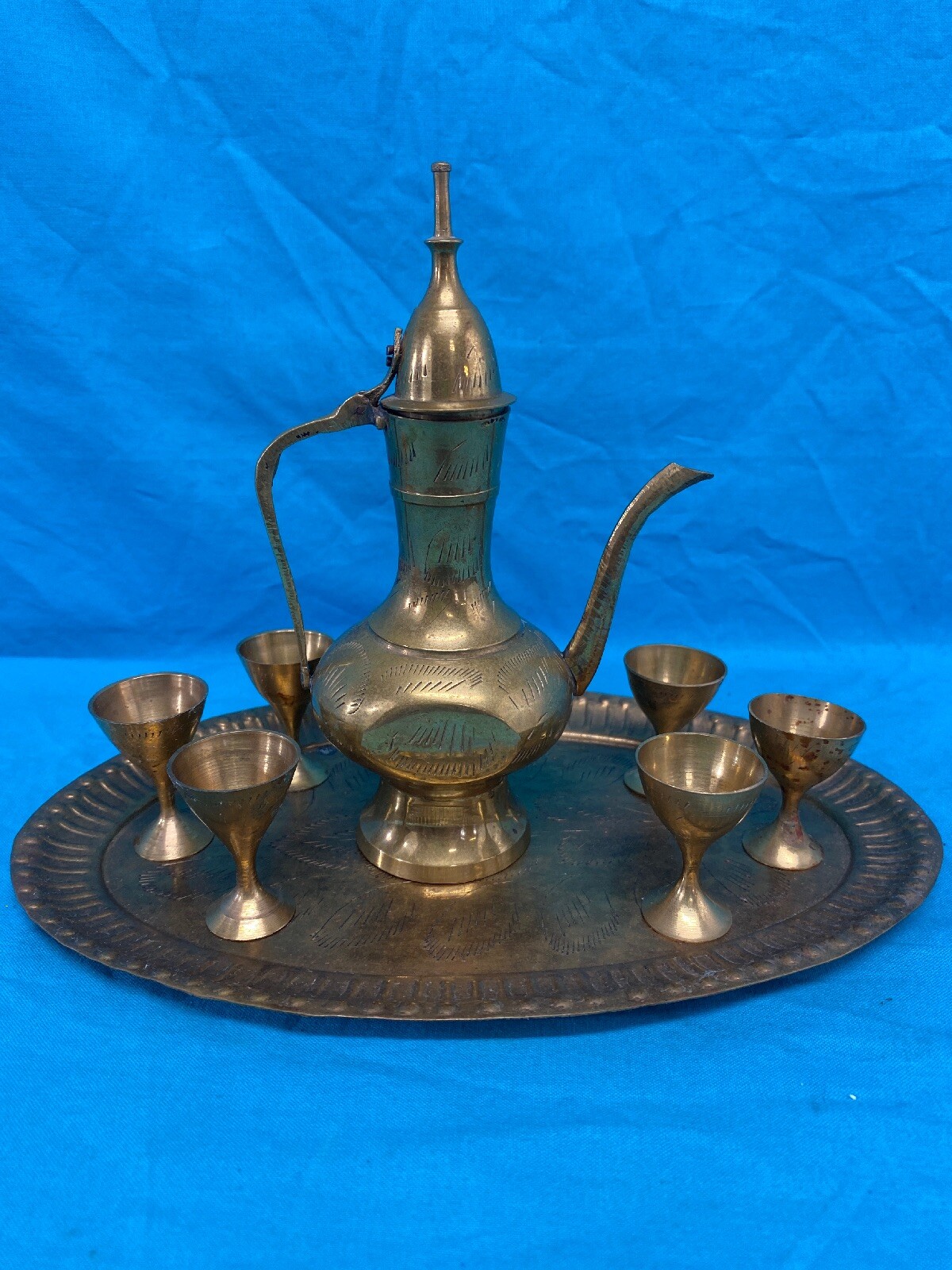 8 Piece Set Brass Teapot, Goblets & Tray Teapot & Cups Brass Etched