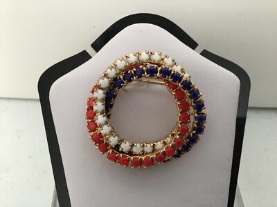 VINTAGE JULIANA D&E-KRAMER RED WHITE & BLUE GLASS RHINESTONE BROOCH