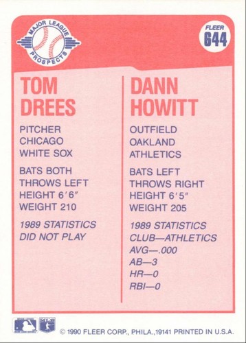 1990 Fleer Tom Drees / Dann Howitt ML Prospects #644 - Picture 2 of 2