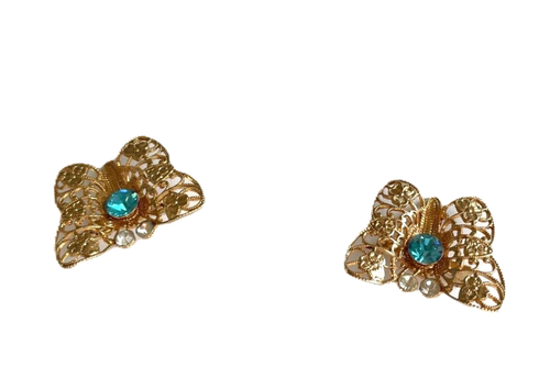 Vintage Gold Tone Filigree Blue Rhinestone Butterfly Brooch Pin Scatter Set of 2 - Picture 6 of 12