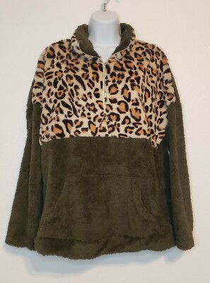 Womens 1/4 Zip Long Sleeve Warm Fuzzy Leopard Print Patchwork Fleece Pullover XL