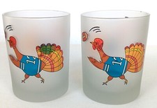 2 Culver Frosted Satin Old Fashioned Turkey Playing Football Glasses Tumblers