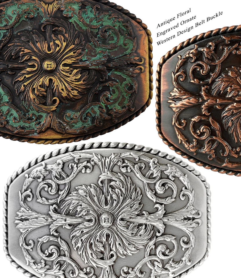 HA0016 Antiguo Floral Grabado Ornamentado Diseño Occidental Hebilla de Cinturón se adapta a 1-1/2" Foto 3 de 3