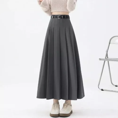 Faldas plisadas retro cintura alta para mujer faldas largas oficina informales faldas línea A - Imagen 7 de 28