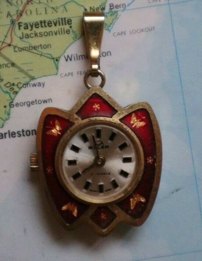 Vintage women BULER pendant watch red yellow butterfly SWISS MADE collectible