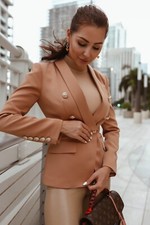 Beige Double-breasted Blazer Gold Tone Buttons