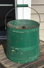 Antique Old Green Wooden Stave Sugar Bucket Firkin & Lid Metal Swing Bail Handle