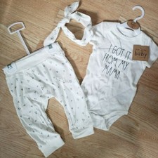 RAE DUNN Baby 6-9M, I got it from my mama 3pc pant, bodysuit, headband ivory set