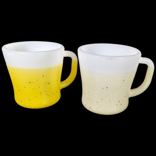 Glamalite Glitter Coated Rubber Mugs Yellow Cream Fire King  Federal Glass Cups