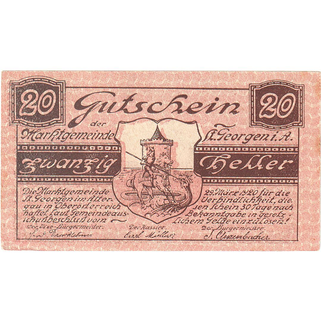 287900] Austria, St Georgen, 20 Heller, chevalier, 1920, UNC, Mehl