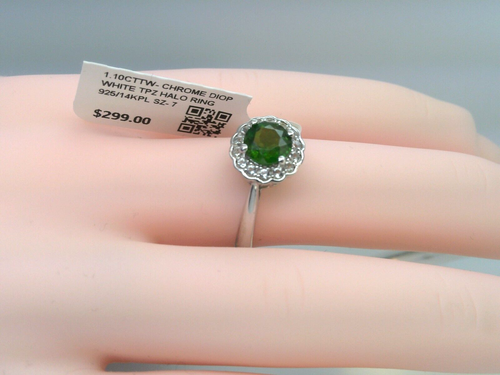 $299 SS/14KPL/925 REAL NATURAL CHROME DIOPSIDE & TOPAZ HALO ENGAGEMENT RING - Picture 9 of 9