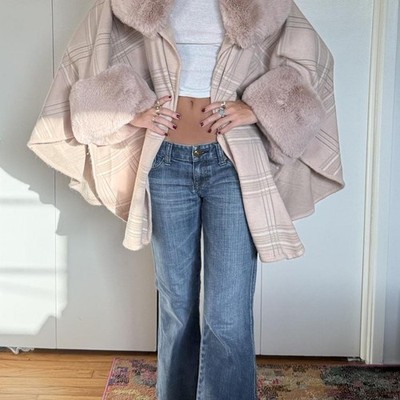 Pink & Cream faux fur cape coat with plaid pattern