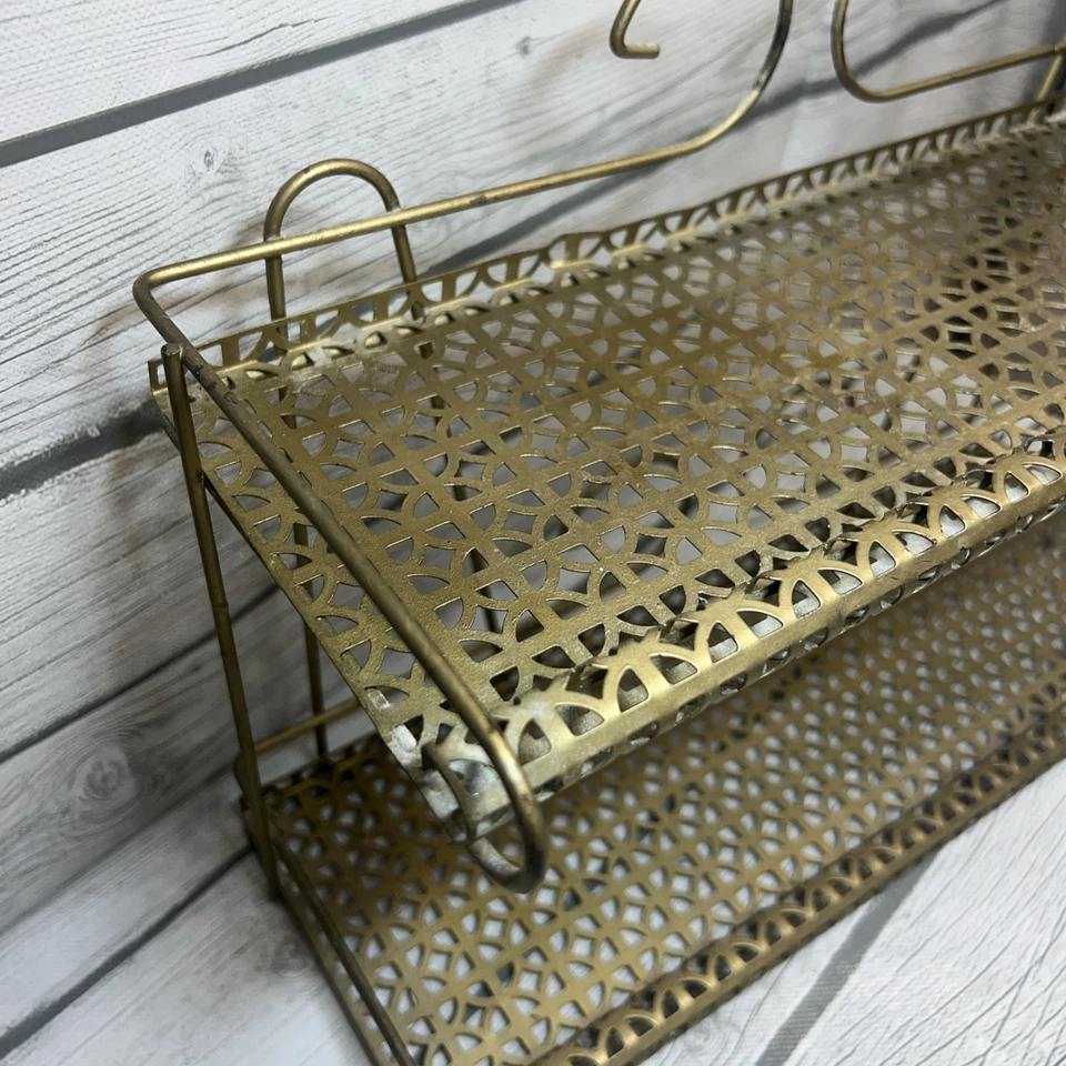 De colección Tono Dorado MCM 2 Niveles Metal Baño Pared Estante Fillagree Foto 4 de 4