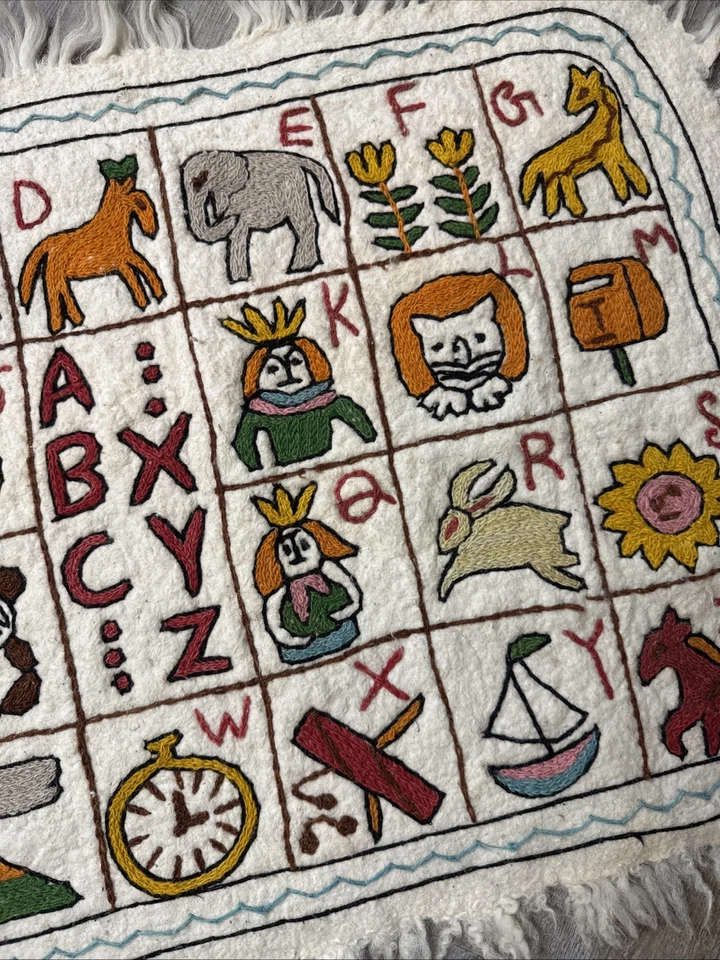 India Kashmir Namda Wool Felted Folk Art Alphabet 36“ X 23” Or Rug Animal ABC - Image 4 of 4