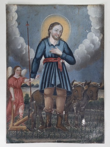 Antique Mexican "San Isidro Labrador" Retablo, Oil Painting on Tin - 14" x 10"