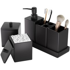 Black Bathroom Accessories Set Resin 6PCS, Square Toothbrush Holders Set Complet