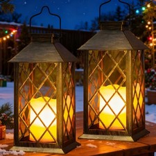 Solar Lanterns for Outside 2 Pack Large Garden Lanterns with Flickering Candle