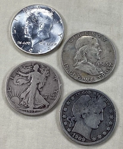 (4) 90% Silver Half Dollars Kenn./frank./walk. Lib./barber Lot Of (4) Free Ship