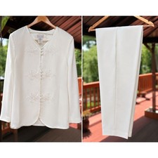 Vintage White 2-Piece Set Embroidered Jacket Straight pants 16 Misses USA
