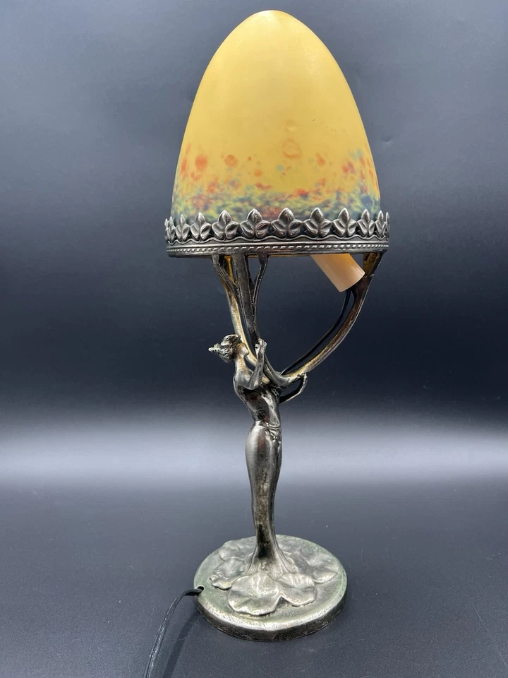 Antigua lámpara de bronce Lucien Alliot con pantalla Le Verre Francais años 20 firmada Foto 4 de 4