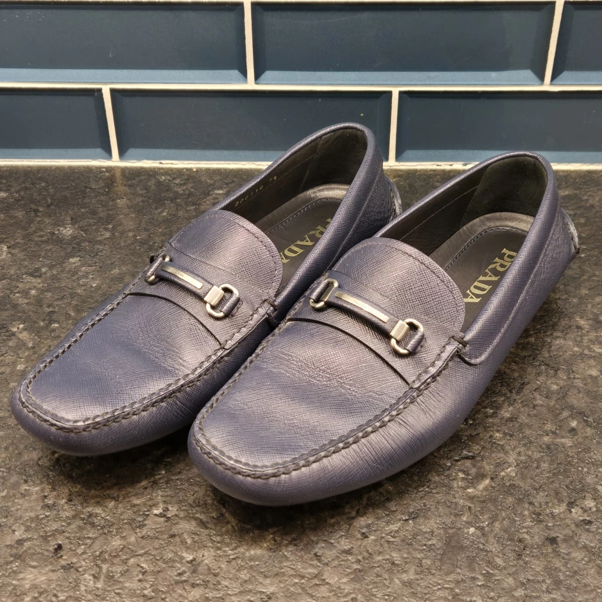 PRADA Patent Leather Navy Blue Silver Metal Logo Plaque Driving Loafer 10 Shoes Prada Blue/White Leather Slip on Loafers Size 42.5 Prada  main image 2