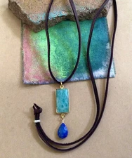 $459 Amazonite Lapis Sundance Charm Necklace leather lace cord artisan jewelry